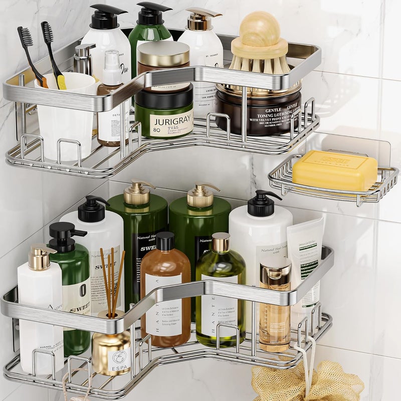 MAXIFFE 3 Pack X-Large Corner Shower Caddy with Soap Holder, Large Capacity Sturdy Easy Install No Drilling Stainless Steel Hold 40 LB Shower Organizer Shelves Rack for Family Renter Bathroom, Silver - Image 1